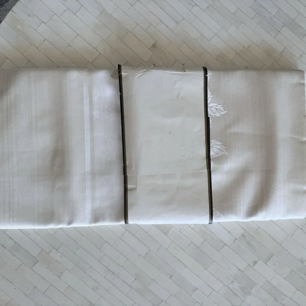 Vtg Table Damask Ivory Tablecloth 64x84 Hand Hem Japan Combed‎ Mercerized Yarns
